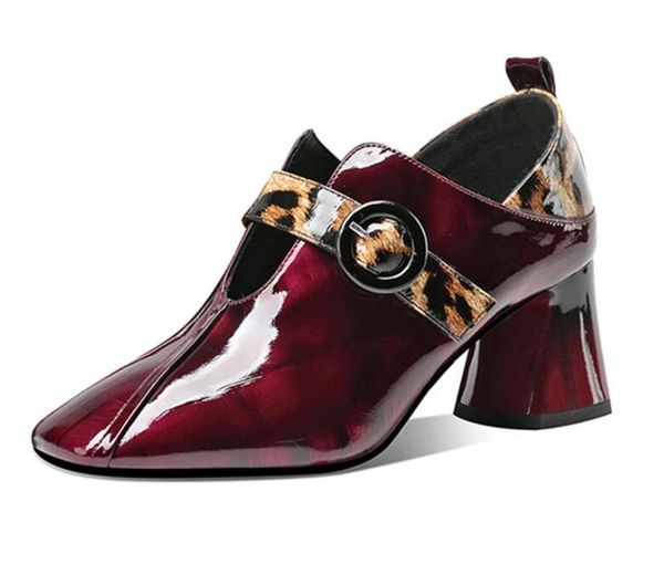 

2020 fall single shoes woman high heels women pumps square toe leopard pattern buckle thick heel british female patent leather, Black