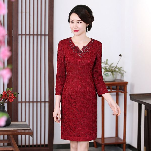 

2020 весной платье одежда свадьба банкет свадьба мать одежда вышитые большого размера из бисера вышитые cheongsam тонкий платье, Black;gray