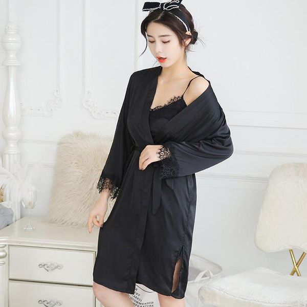 

women silk sleepwear set solid lingerie satin bathrobe and mini night dress full sleeve lounge set 2 pieces, Black;red