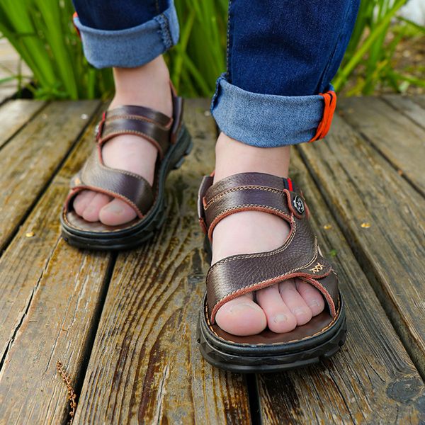 

2020 summer men sandals quality genuine leather shoes male comfortable slip-on slippers beach brown man sandal, Black
