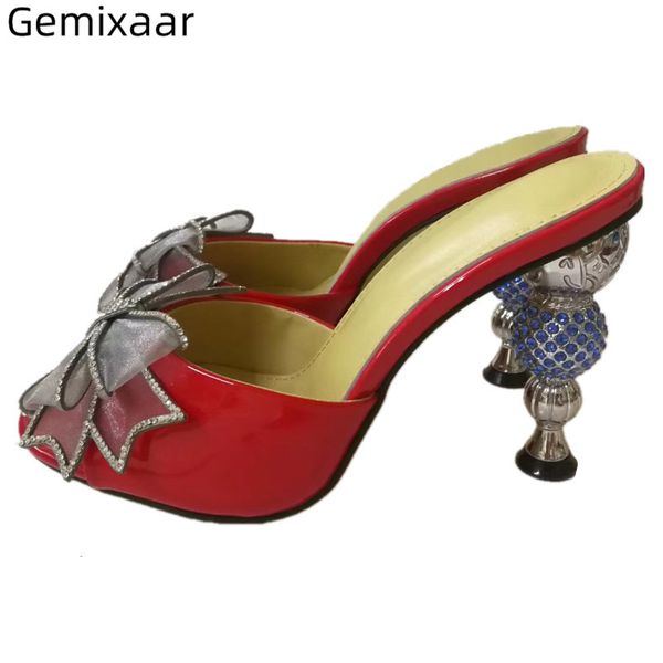 

women slippers jeweled strange high heel peep toe decor lace bowtie party slides sweet lace bowknot rhinestone slippers women, Black