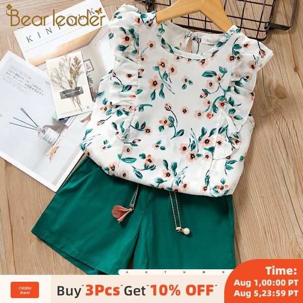 

clothing sets bear leader girls summer casual girl clothes floral kids sleeveless t-shirt+solid shorts children 3 7y, White