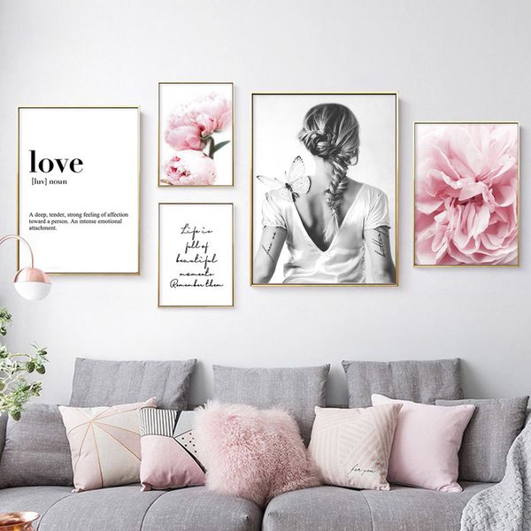 

scandinavian style pink peony flower painting wall art canvas posters nordic modern print picture for living room home decor