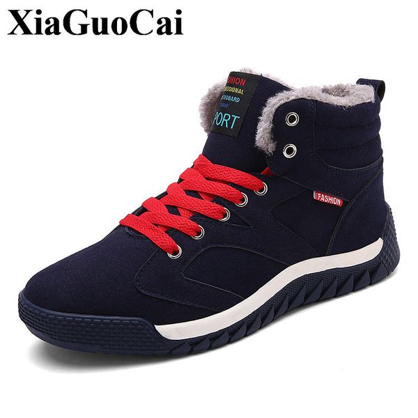 

new cotton shoes men fleeces snow boots with fur large size fashion high-lace-up casual shoes winter warm outdoor sneakers, Black