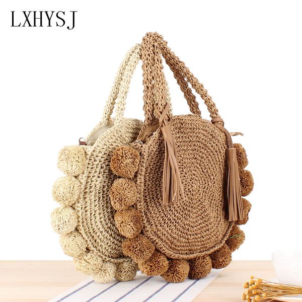 

round cotton ball beach bag hand made women's shoulder bags handbag bohemia summer straw bag lady travel crossbody tote