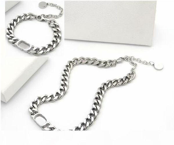 

europe america jewelry sets lady titanium steel engrave d letter 18k gold thick chain necklaces bracelets sets 3 color, Silver