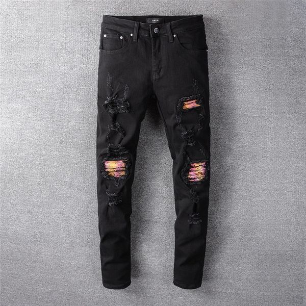 

2020 new arrival men designer jeans denim embroidery pants fashion holes tmens ripped jeans black pants size28-38, Blue