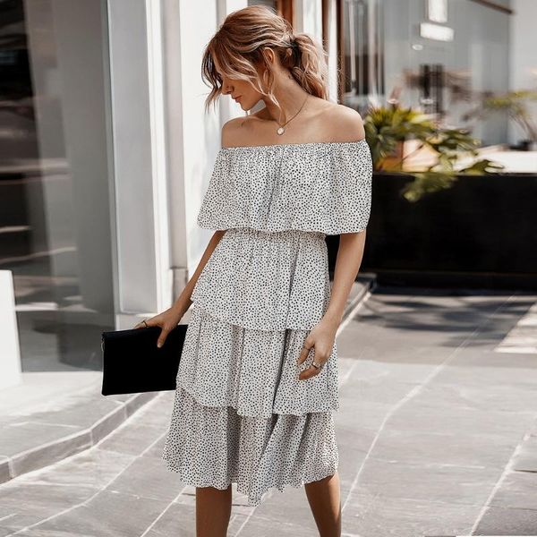 

2020 women casual dress summer ladies dot print off shoulder dress ruffled short sleeve bandeau sundress midi femme, Black;gray