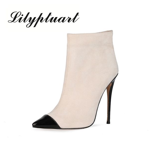 

european and american style leather velvet short boots pointed stiletto high heel fashion boots plus size winter women, Black