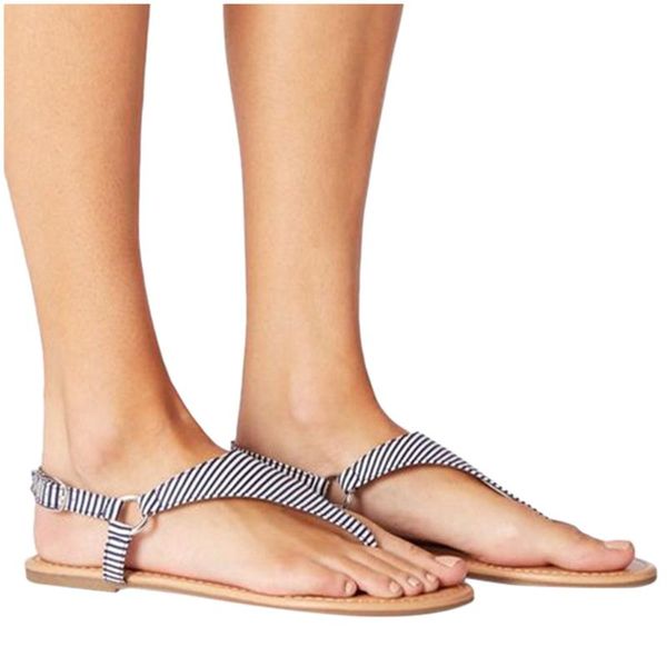 

striped belt-buckle non-slip flat sandals woman shoes bohemian non-slip flat women's summer footwear zapatos de mujer cs02, Black