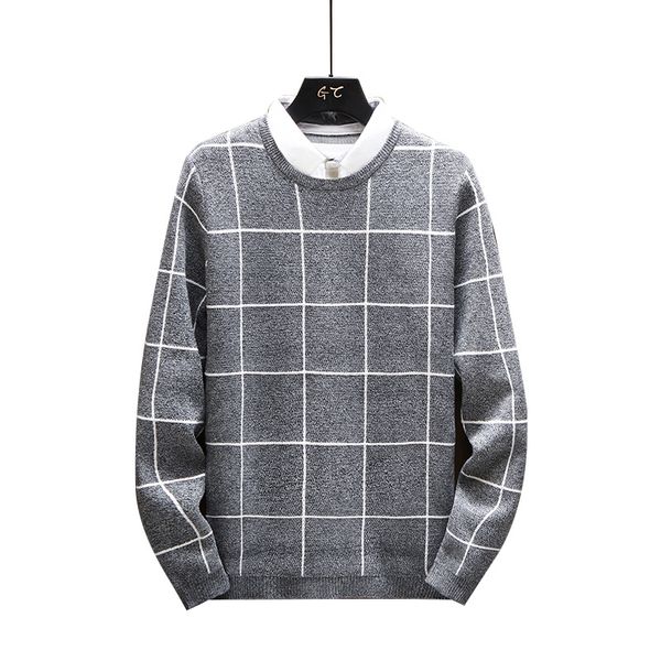 

winter faked two pieces thick warm sweater men turn down collar sweaters slim fit pullover men plaid knitwear 3xl, White;black