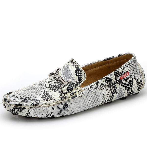 

genuine leather snake print mens fashion loafers silver white gold moccasins shoes flat driving shoes 5#20/20d50, Black
