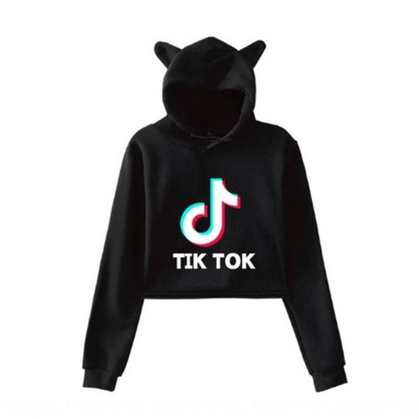 

2019 sweater new tik tok tok loose large size cat ear with hat navel sweater for women, Black