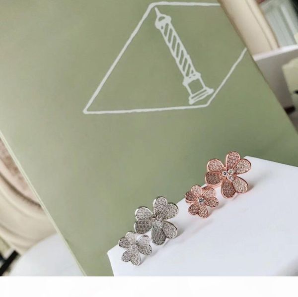 

famous luxury s925 sterling silver full crystal rose and white gold double four leaf clover charm open ring for women, Golden;silver