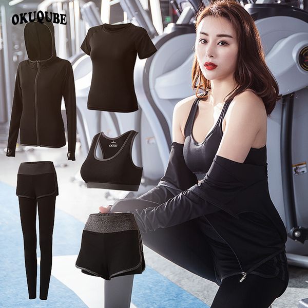 

women sportswear 5pcs set tracksuit woman hooded jacket+shockproof bra+o neck shirt+short+tights workout clothes gym running set, Black;blue