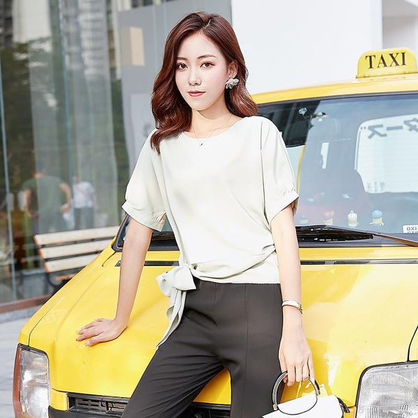 

2020 suit -dress round neck temperament joker fold short sleeve bow shirt woman, White