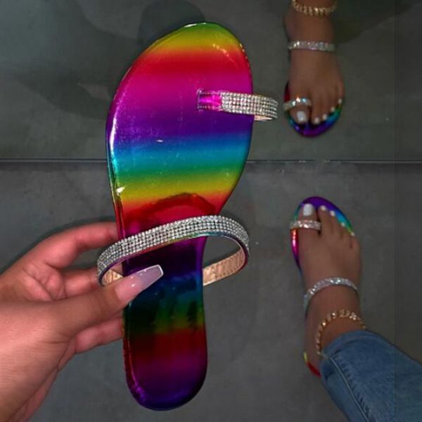 

loozykit 2020 summer flat women sandals handmade rhinestones slippers rainbow beach shoes simple open women shoes, Black
