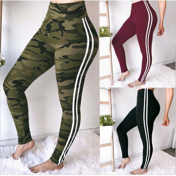 

2020 new gothic fitness leggings women high waist legins work out sporting slim green camouflage print high white line female leggins, Black