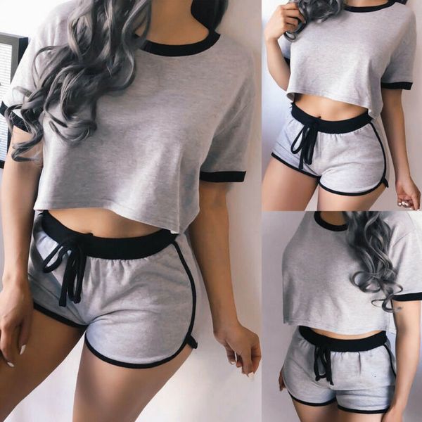 

women's casual sports set short sleeve o-neck crop + elastic waist shorts 2 pcs set 2019 autumn new, Gray