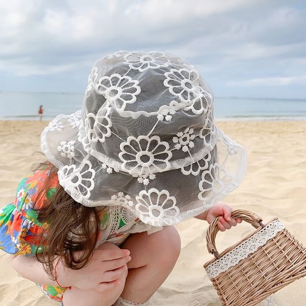 

rlpvb 2020 new korean children bucket bucket embroidered fisherman hat and girls mesh embroidery p lace breathable flower fisherman hat, Yellow