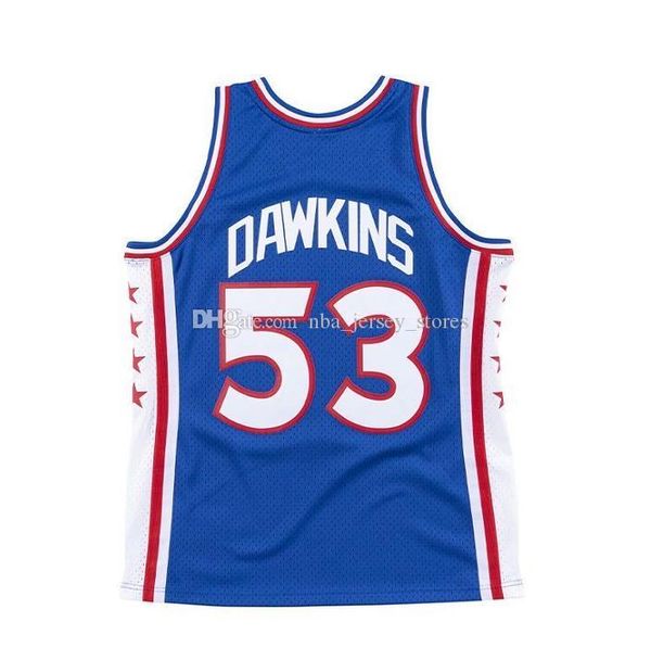 

men's basketball philadelphia 76ers 53 darryl dawkins mitchell & ness blue 1976-77 hardwoods classics authentic jersey, Black;red