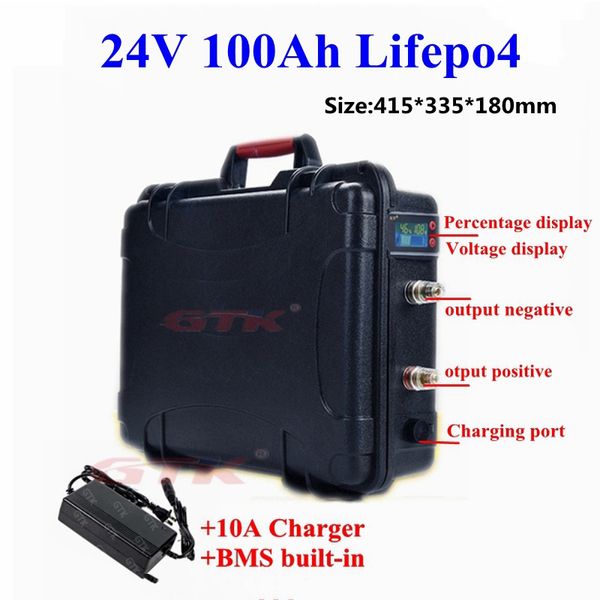 

waterproof 24v 100ah lifepo4 lithium battery pack with bms for golf trolley solar panel ups autocaravans rv campers+10a charger