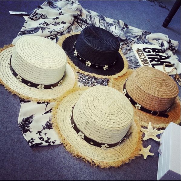 

korean style sweet burmmed daisies rivets flat edge belt buckle sun beach summer straw hat belt straw hat flat tide england, Blue;gray