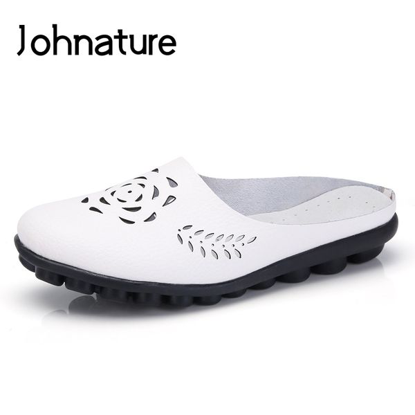 

johnature 2020 new summer genuine leather breathable hollow sewing soft sole comfortable outside women fashion slippers slides, Black