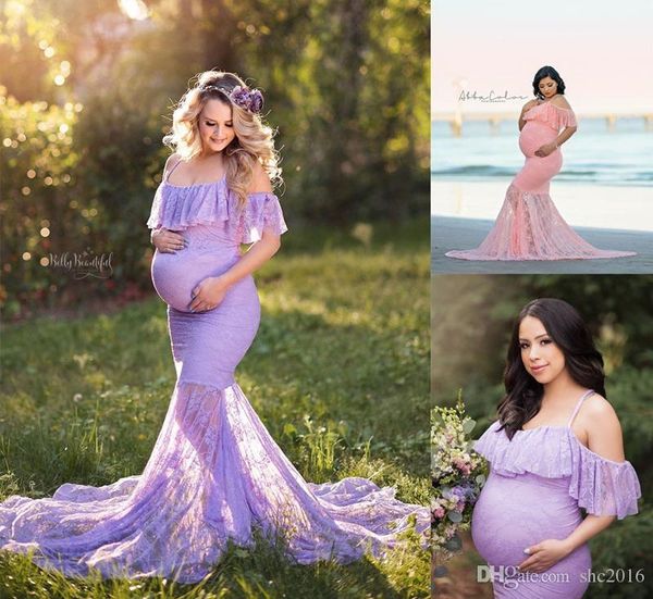 

plus pregnancy maternity dress long lace trumpet mermaid prom gown spaghetti straps fishtail pregnant pgraphy with drop shoulder sleeves, Black