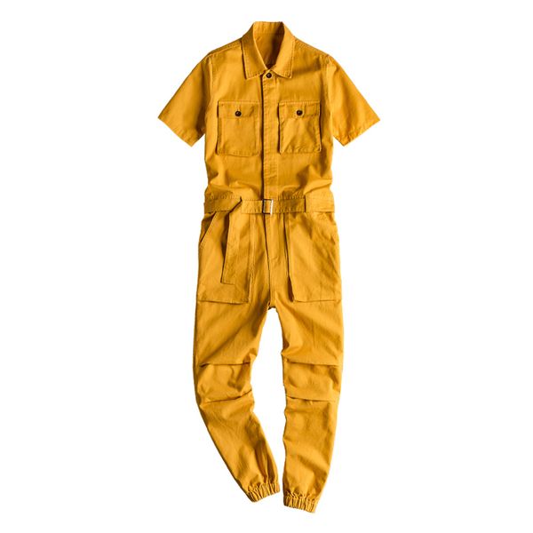 

men's short sleeve multi pockets cargo joggers jumpsuits with belt hip hop pants costume khaki black green yellow, Blue