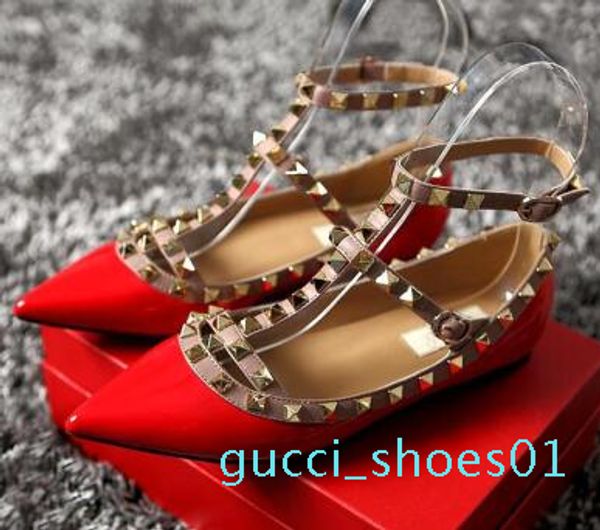 

2018brand women pumps pointed toe flat fashion women shoes rivets genuine leather ankle strap sandals shoes 33-43 g01, Black