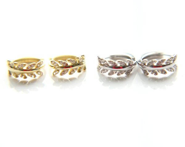 

fashion 925 sterling silver tiny leaf hoop earring with cz paved cute gold color silver 925 hoop hollow earring for girl jewelry, Golden