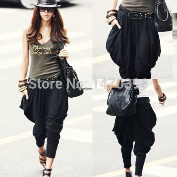 

women korean baggy stretchy casual loose hip hop dance harem pants trousers, Black