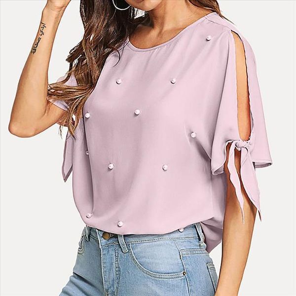 

women casual tee shirt summer holiday pearl beaded slit knot cuff bandage o neck solid t shirt sweet women beachwear, White