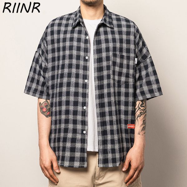 

riinr 2020 summer men's plaid handsome short-sleeved shirt -5xl, White;black
