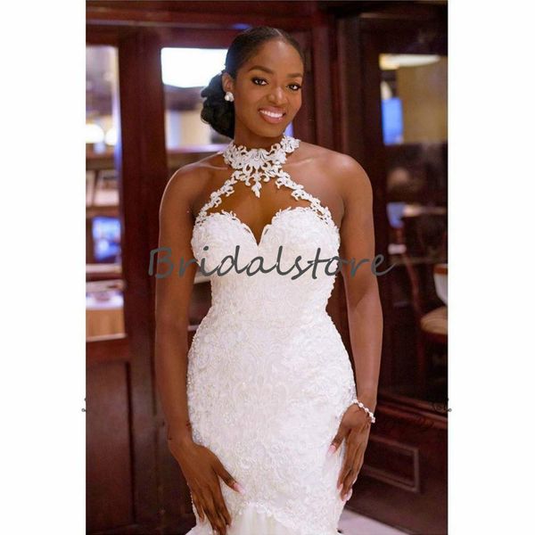 Sexy afrikanisches Meerjungfrau-Hochzeitskleid Aso Ebi Kirche Land Brautkleider Nigeria Applikationen Spitze Boho Brautkleider Kathedrale Zug222r