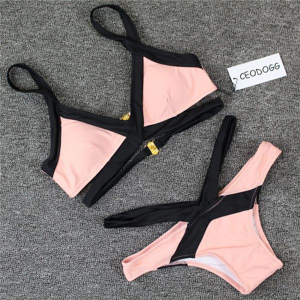 

gold buckle swimwear bandage pink bikini 2020 beach women swimsuit bathing suit bikini set maillot de bain biquini, White;black
