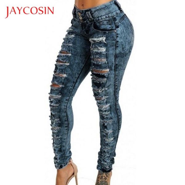 

jaycosin ripped jeans for women high waist jeans woman button trousers bell-bottom skinny woman denim jean femme 87, Blue