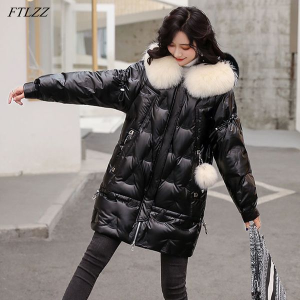 

women's down & parkas ftlzz winter women golden big real fur collar hooded long 90% white duck coat thick warm snow outwear, Black