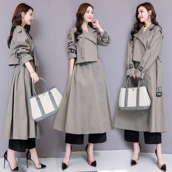 

korean fashion women's ol personalized 2019 autumn new bubble sleeve suit collar belt windbreaker coat coat skirt long windbreaker, Tan;black