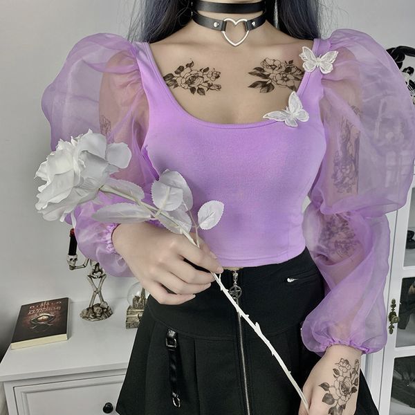 

women's blouses & shirts ladies fashion puff sleeve solid color square collar butterfly decoration mesh splicing casual blouse 2021 arr, White