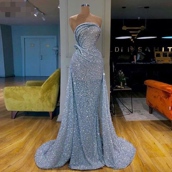 2020 Partido Pageant aniversário azul Lantejoulas overskirts Formal Vestidos sereia sem alças árabe Mulheres Prom Vestidos Vestidos Plus Size