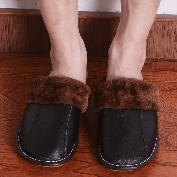 

new autumn winter men shoes warm breathable home house indoor spring men genuine leather slippers size 39-44, Black