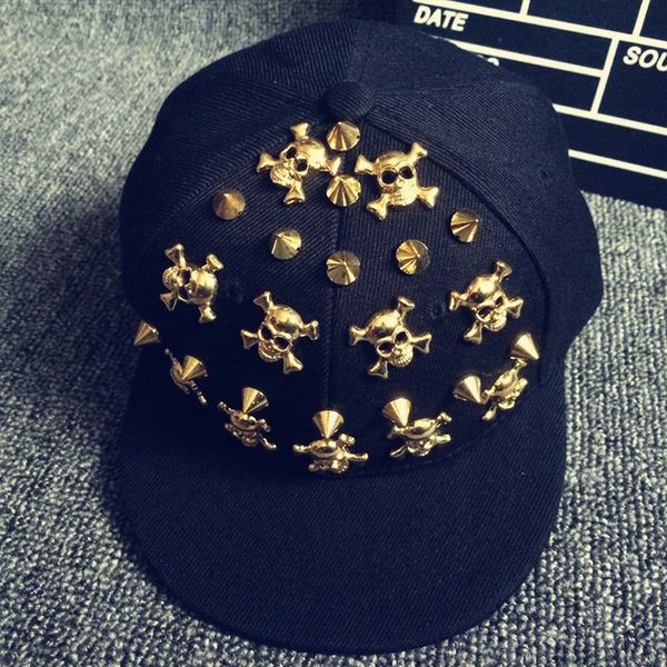 

punk men's and women's personality golden skull rivet hip-hop flat baseball cap baseball cap street dance flat hat, Blue;gray