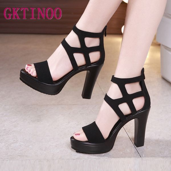 

gktinoo platform sandals flock woman shoes summer 2020 high heels gladiator sandals women for party big size 33-43, Black