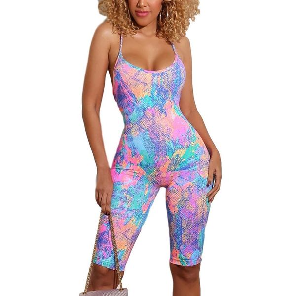 

women sleeveless backless jumpsuit snakeskin tie-dye biker shorts playsuit, Black;white