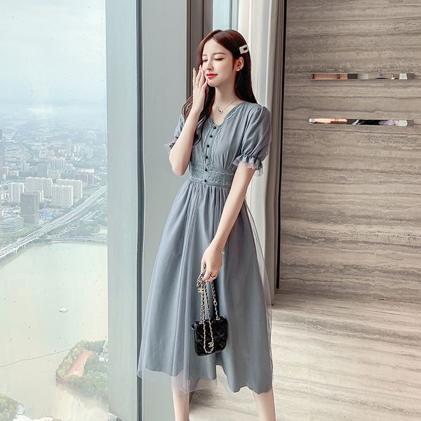 

casual dresses fashion sweet mesh single-breasted dress 2021 summer women lantern sleeve v neck luxury slim drapde party vestidos, Black;gray