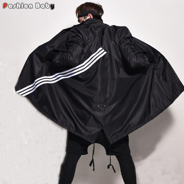

men's warm fleece thicken long cloak coat fashion striped autumn winter trench coats 2020, Tan;black