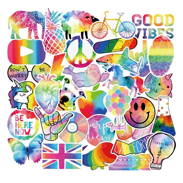 

pack of 50pcs wholesale fancy rainbow color cute stickers colorful vinyl decals guitar lapskateboard motor bottle car decal bulk lots
