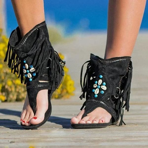 

bohemia summer women sandal rome thong gladiator flat sandals ethnic style fashion tassels ladies ankle sandal shoe, Black